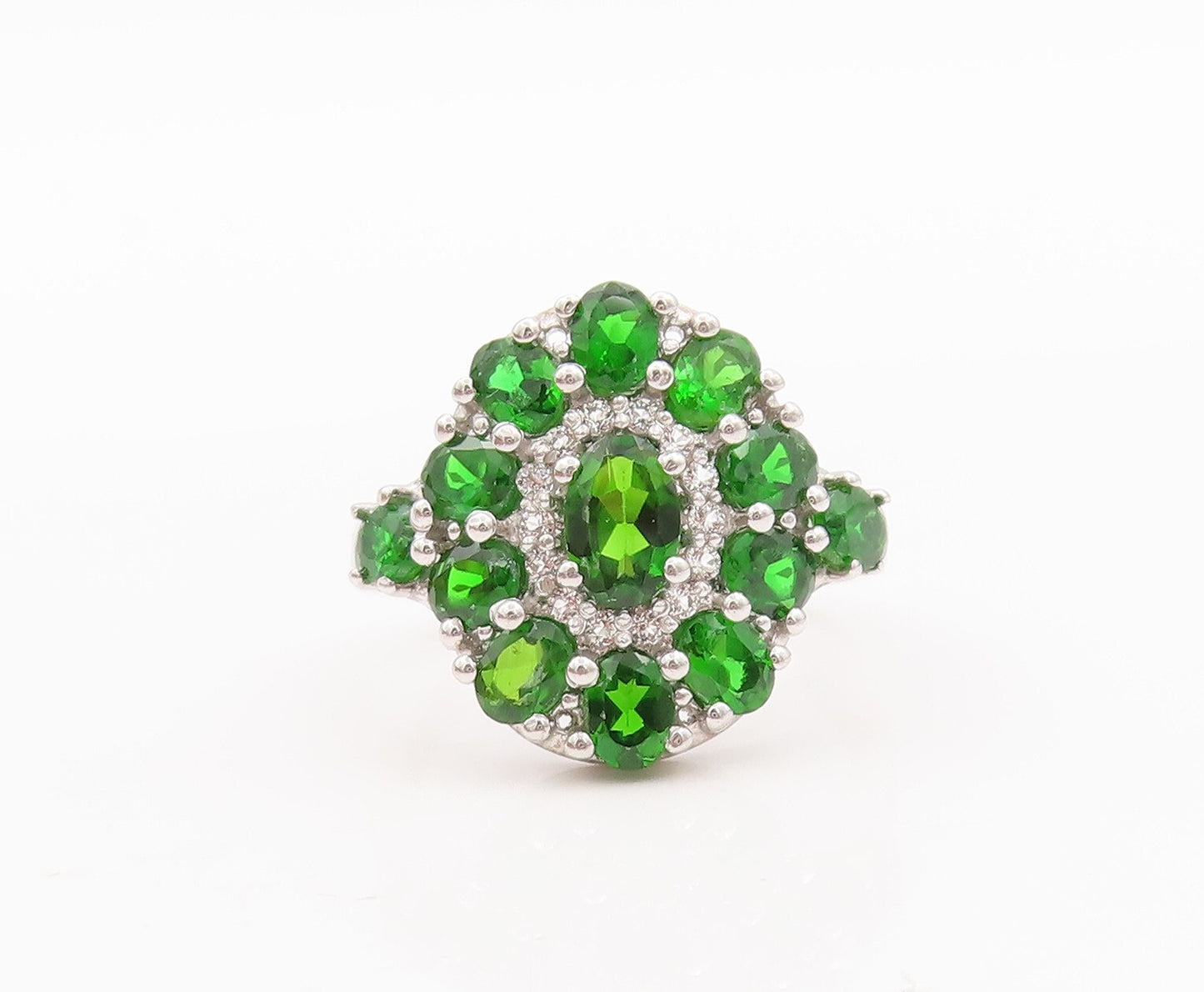 925 Sterling Silver Vintage Ring Oval Cut  Green CZ Flower  Sz 7  RG29449