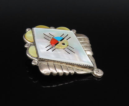 ZUNI NAVAJO 925 Silver  Vintage Mother Of Pearl & Stones Brooch Pin  BP10043