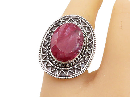 925 Sterling Silver  Ruby Shiny Wavy Border Oval Cocktail Ring Sz 8.5  RG8138
