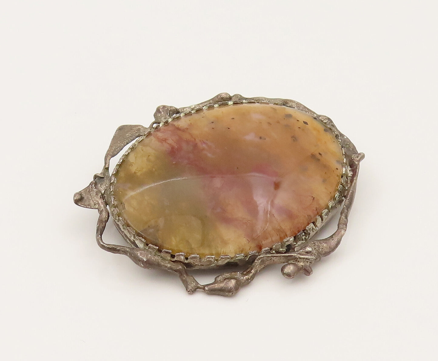 925 Sterling Silver  Vintage Unique Wavy Edge Plume Agate Brooch Pin  BP10213