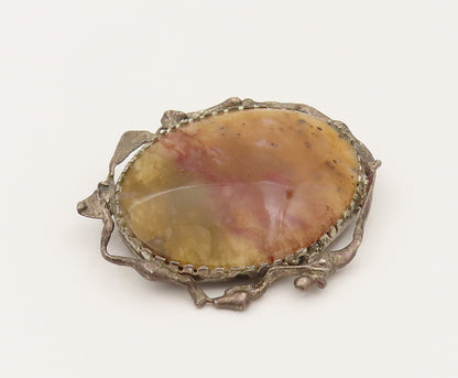 925 Sterling Silver  Vintage Unique Wavy Edge Plume Agate Brooch Pin  BP10213