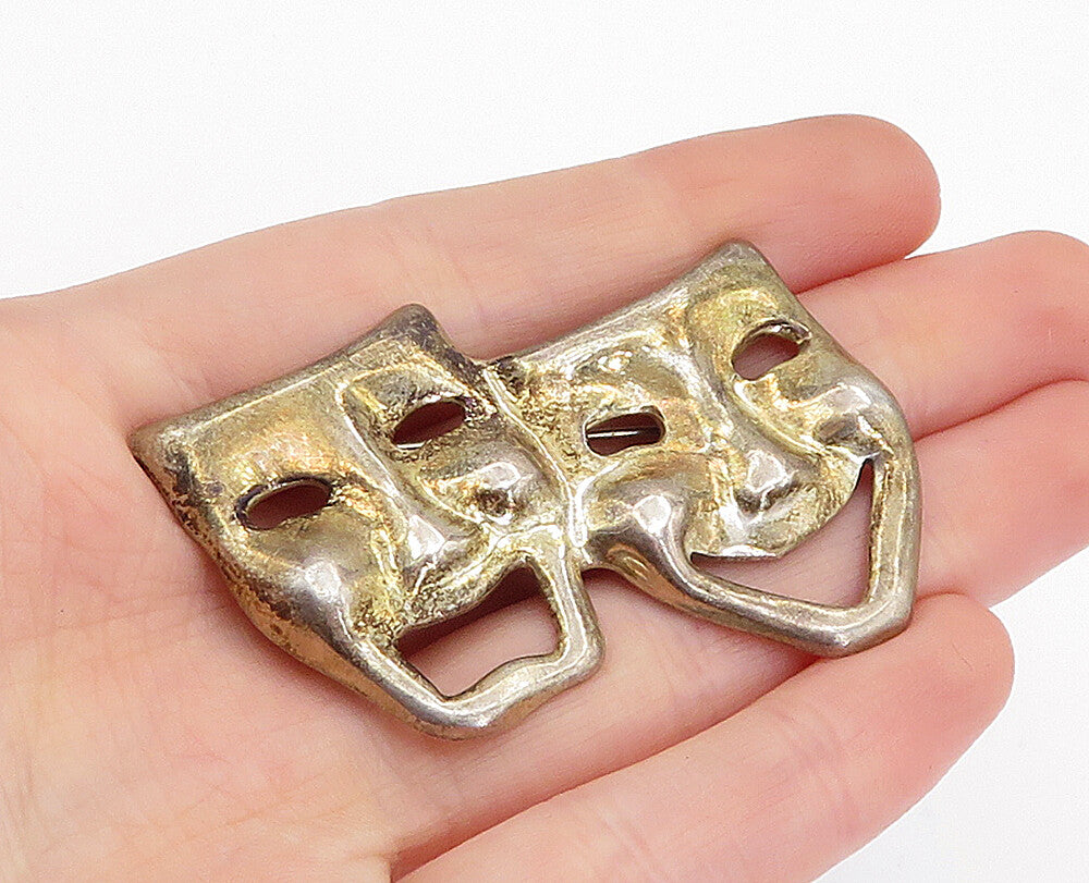 925 Sterling Silver  Vintage Dramatic Theatre Masks Motif Brooch Pin  BP1494