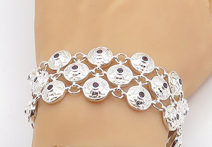 925 Sterling Silver  Blue Topaz Shiny Floral Dome Link Chain Bracelet  BT1618