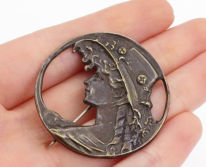 925 Sterling Silver Vintage Oxidized Woman's Profile Round Brooch Pin BP1622
