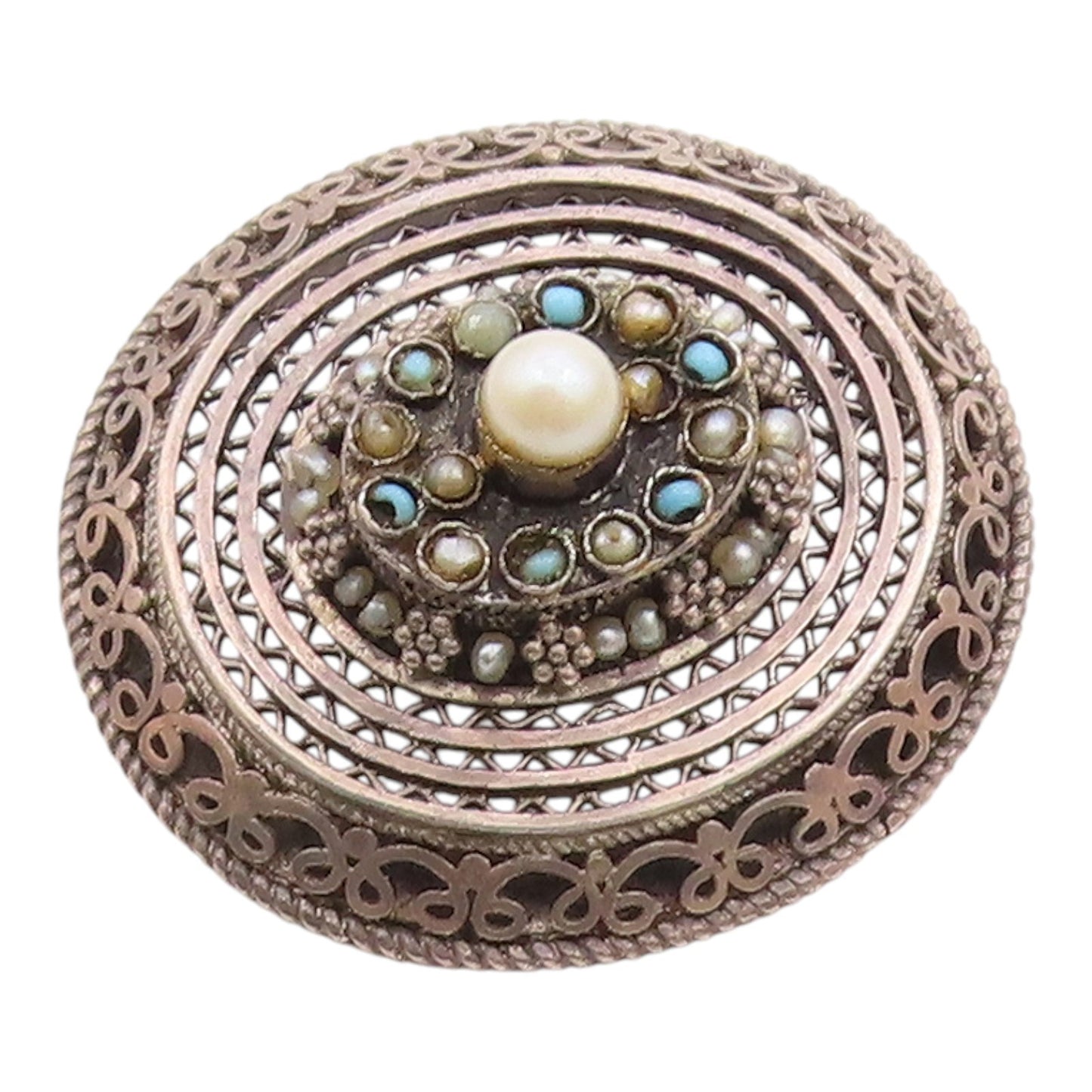 ISRAEL 925 Silver  Vintage Antique Floral Pearl & Turquoise Brooch Pin  BP9743