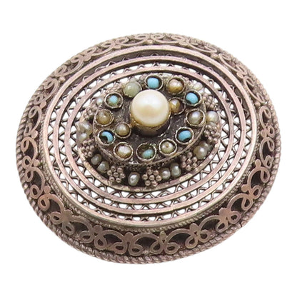 ISRAEL 925 Silver  Vintage Antique Floral Pearl & Turquoise Brooch Pin  BP9743
