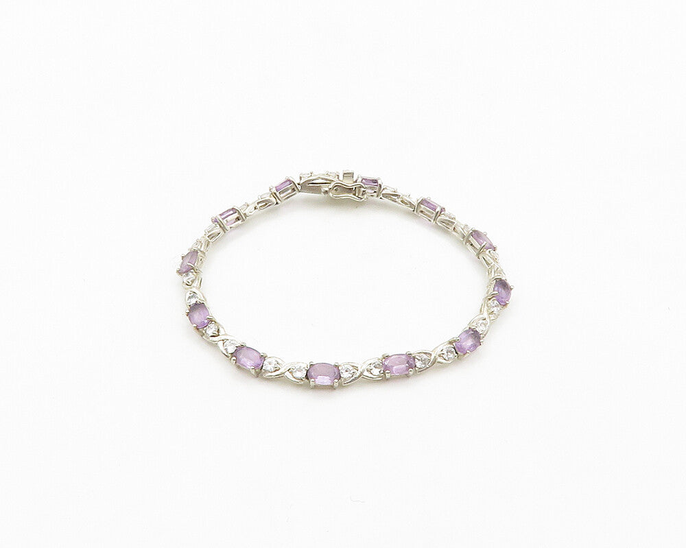 925 Sterling Silver  Vintage Amethyst & Topaz XO Shiny Chain Bracelet  BT7889