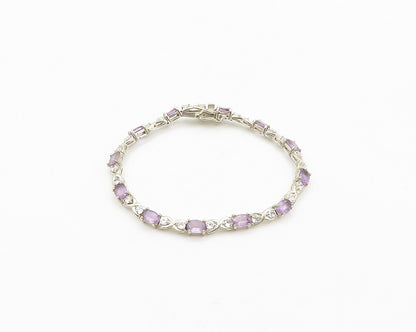 925 Sterling Silver  Vintage Amethyst & Topaz XO Shiny Chain Bracelet  BT7889