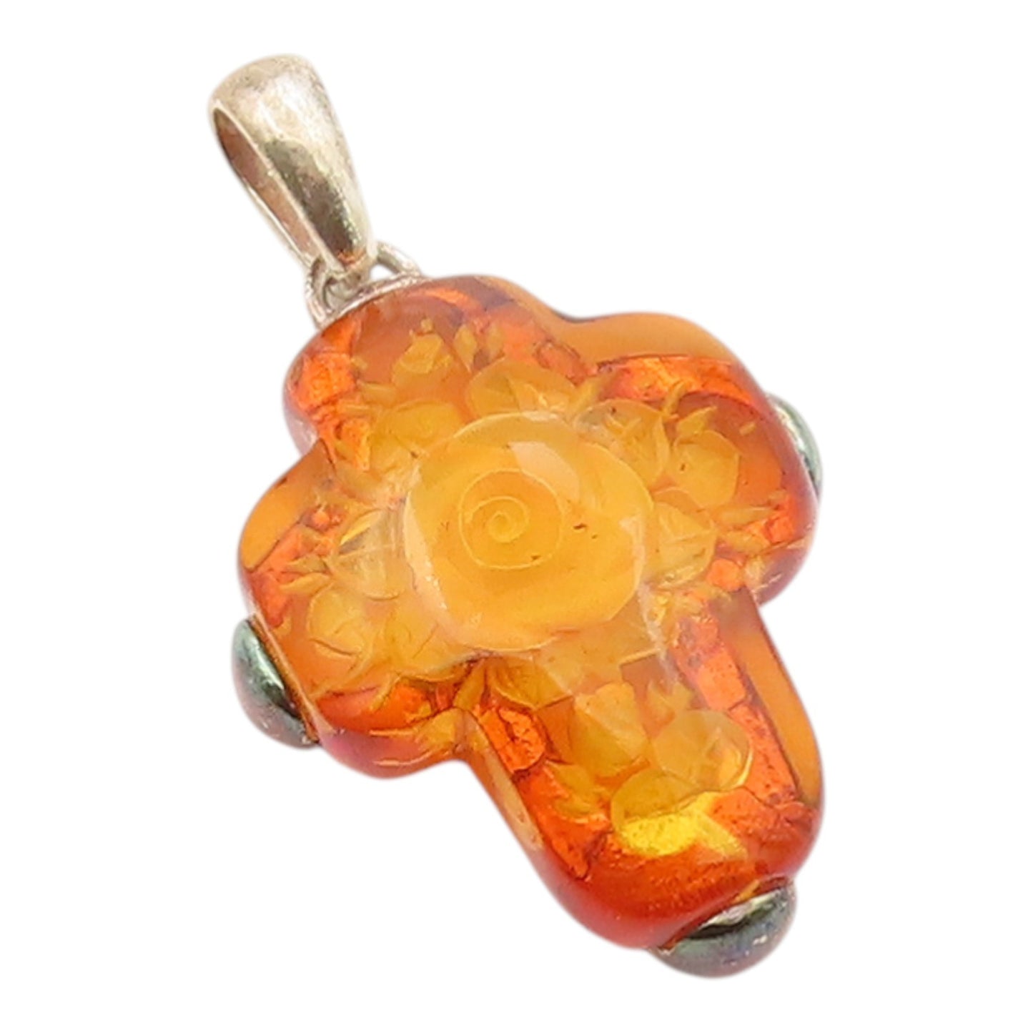 925 Sterling Silver Vintage Pendant POLAND Amber Carved Rose Holy Cross  PT26342