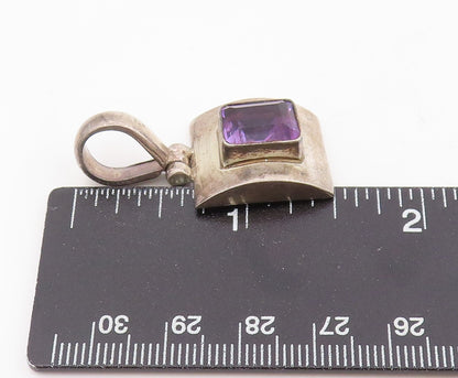 925 Sterling Silver Vintage Pendant Purple Amethyst Geometric Charm  PT25533