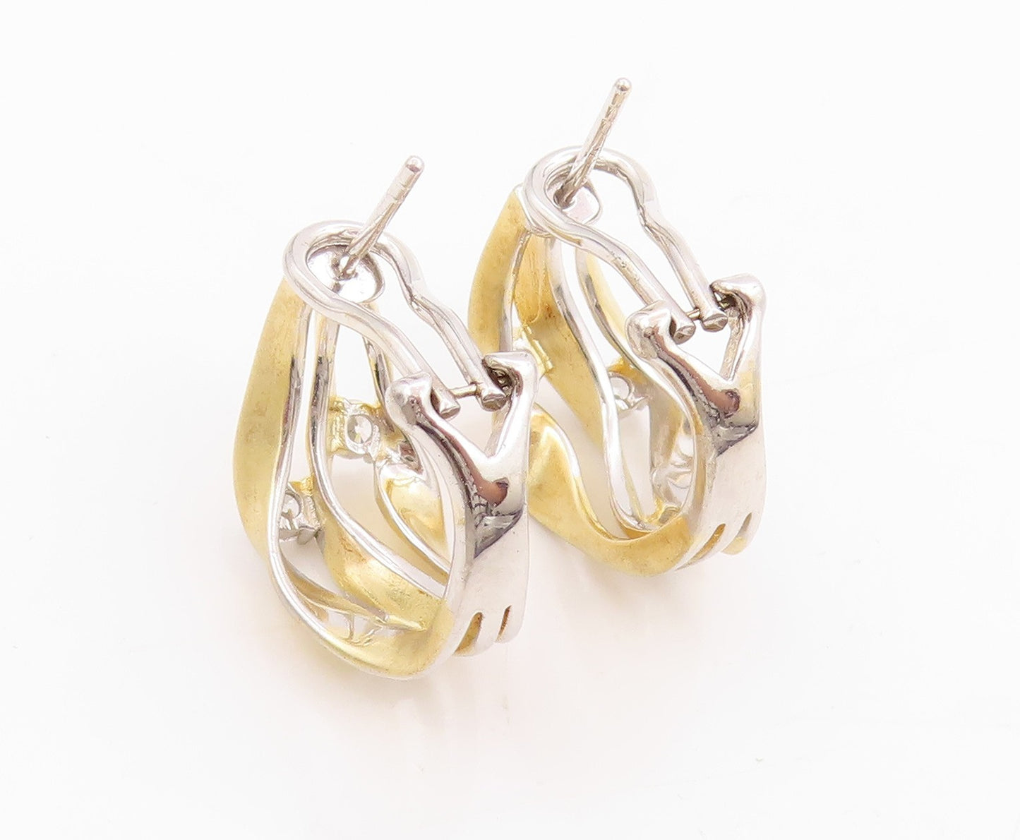 925 Sterling Silver Vintage Earrings Two Tone CZ Modernist Wavy Hoops  EG14040