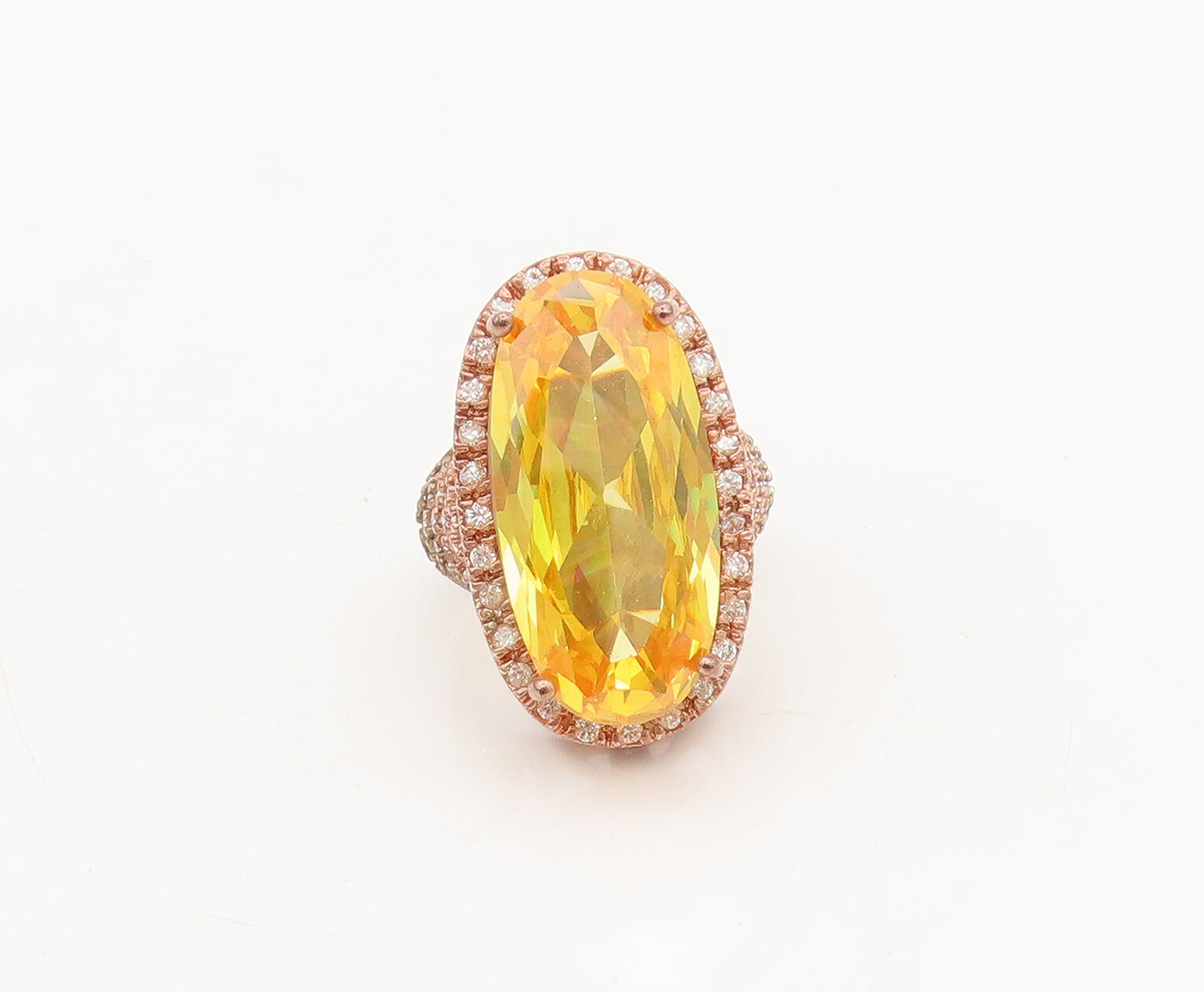 925 Silver  Vintage Rose Gold Oval Citrine Halo CZ Carved Ring Sz 5.75 RG26883