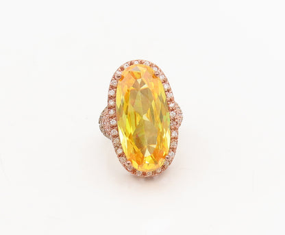 925 Silver  Vintage Rose Gold Oval Citrine Halo CZ Carved Ring Sz 5.75 RG26883
