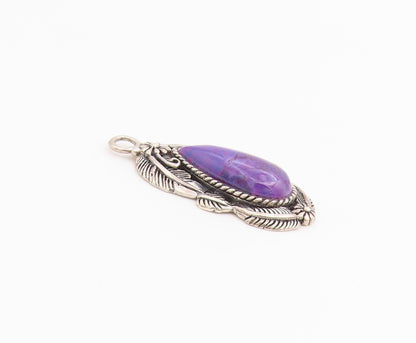 925 Sterling Silver Vintage Pendant Purple Turquoise Etched Leaf Drop  PT26525