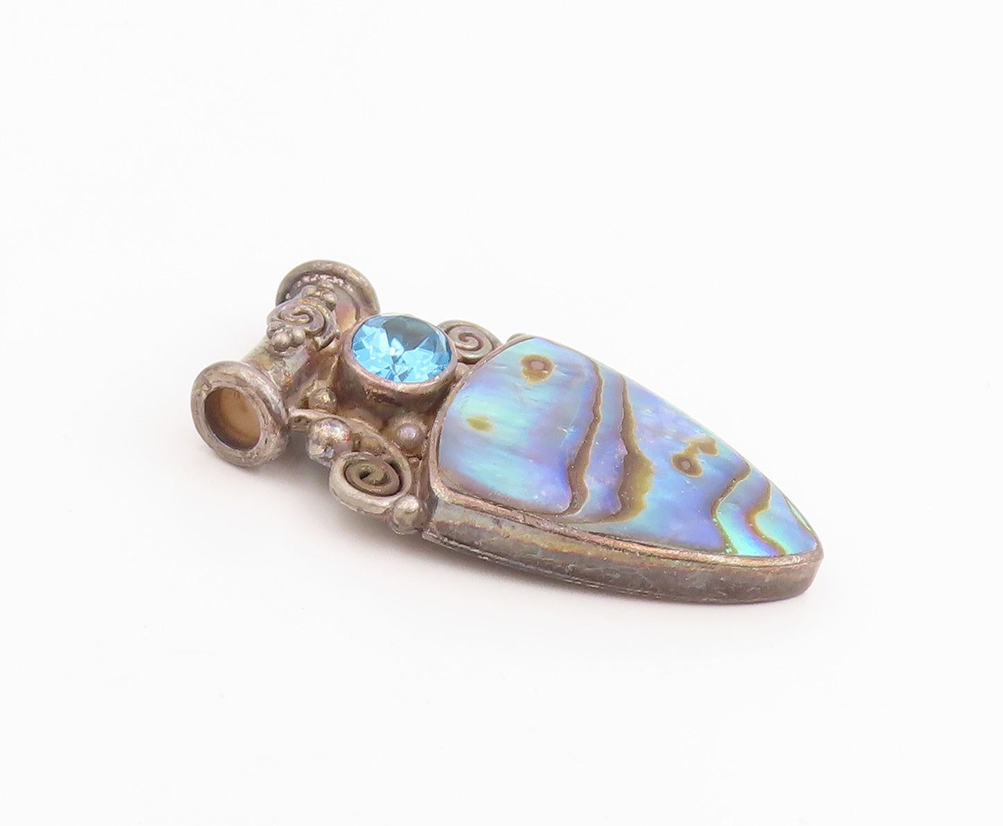 925 Sterling Silver Vintage Pendant SAJEN Abalone & Blue Topaz Swirls  PT25151