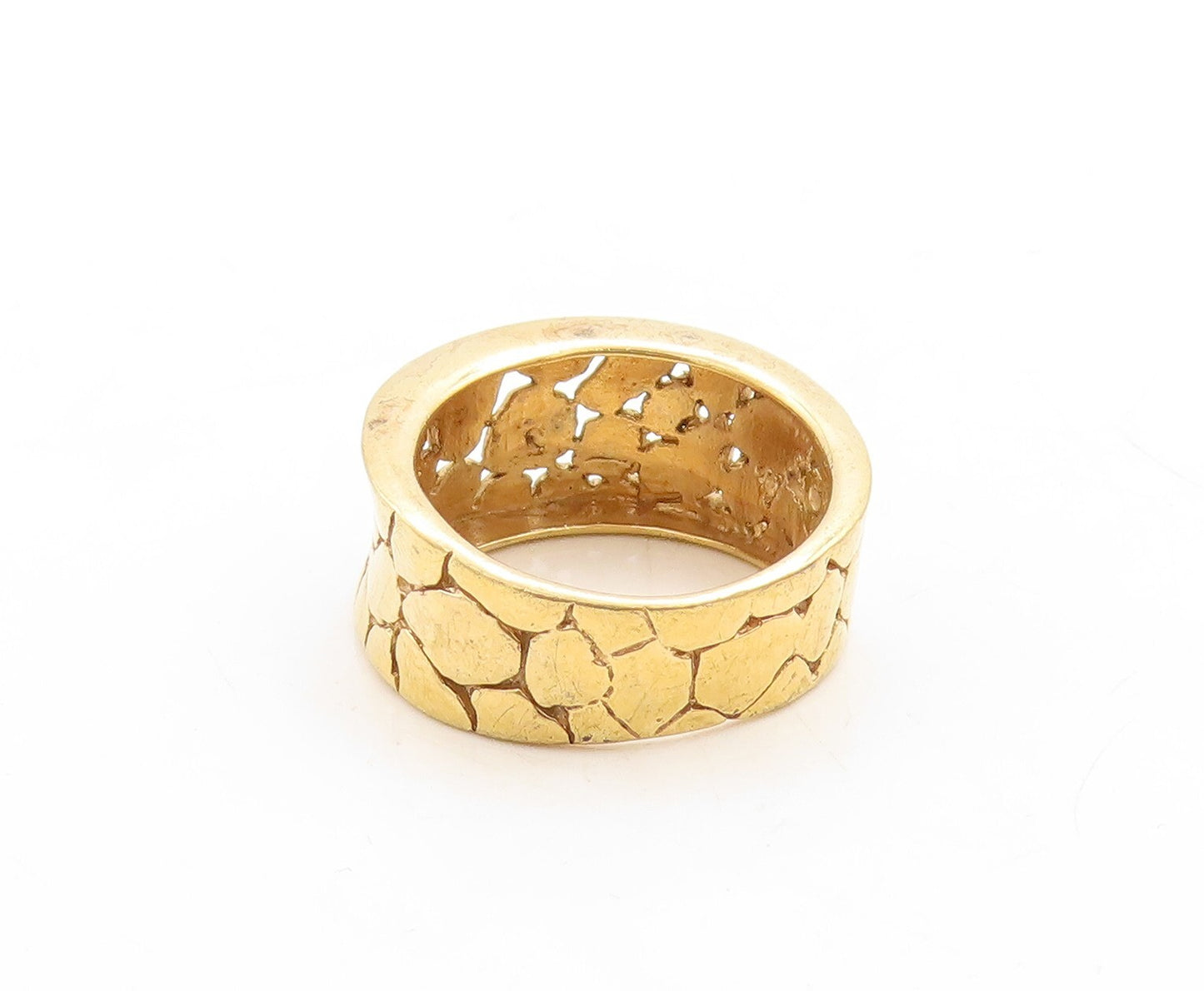 925 Sterling Silver Vintage Ring Gold Plated Pebble Effect Carved  Sz 8  RG31356
