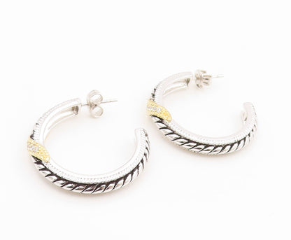 925 Sterling Silver Vintage Earrings Two Tone CZ Twisted Cable Hoops  EG14347