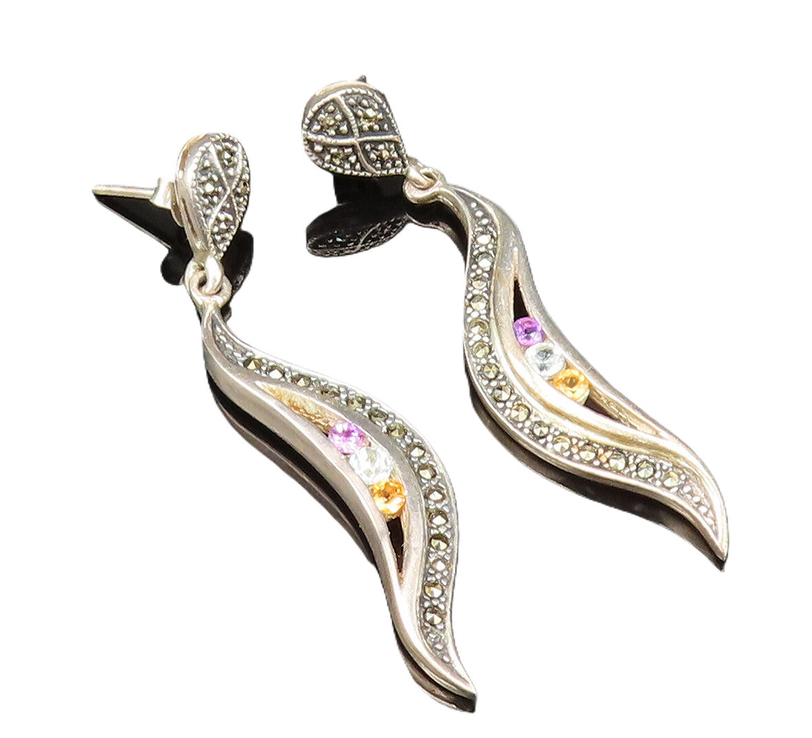 925 Silver  Vintage Amethyst Citrine & Multi Stone Swirl Earrings  EG11890