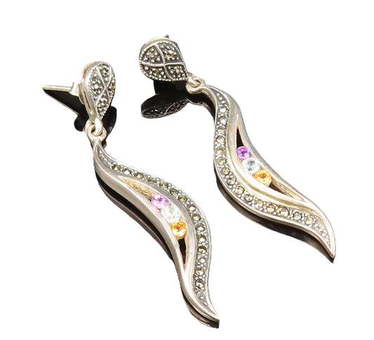 925 Silver  Vintage Amethyst Citrine & Multi Stone Swirl Earrings  EG11890