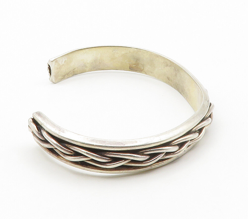 925 Sterling Silver  Vintage Shiny Braided Detail Smooth Cuff Bracelet  BT5791
