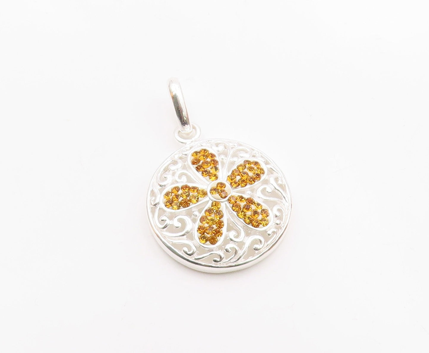 925 Sterling Silver  Citrine Flower Shiny Swirl Round Drop Pendant  PT14551