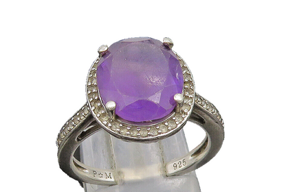 925 Sterling Silver  Vintage Oval Amethyst & Topaz Halo Ring Sz 7  RG25157