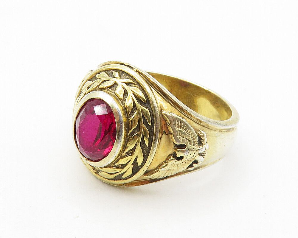 925 Sterling Silver  Lab Ruby US Marines Gold Plated Ring Sz 12  RG10090