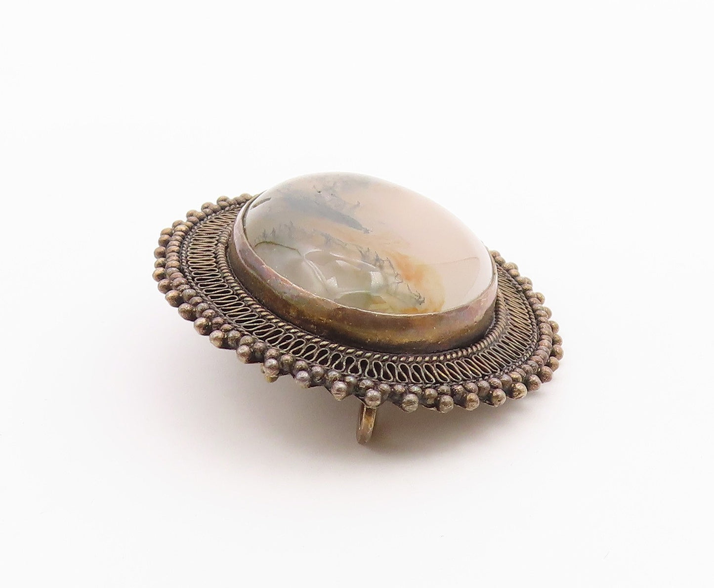 ISRAEL 925 Silver  Vintage Beaded Border Oval Moss Agate Brooch Pin  BP9549