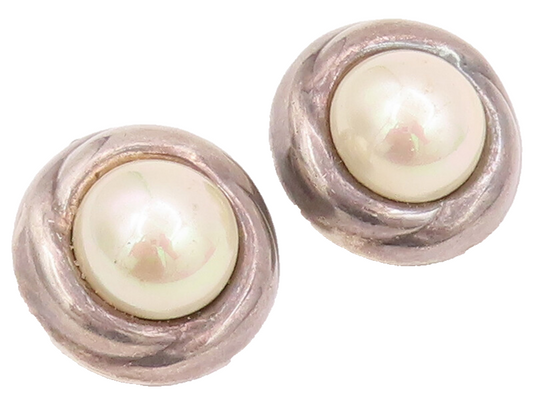 925 Sterling Silver Vintage Earrings BARRA Large Pearl Halo Carved Ring  EG12942