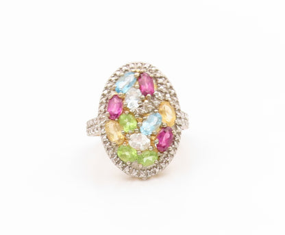 925 Sterling Silver Vintage Ring Gold Plated Multi Gemstone Cluster Sz 6 RG34596
