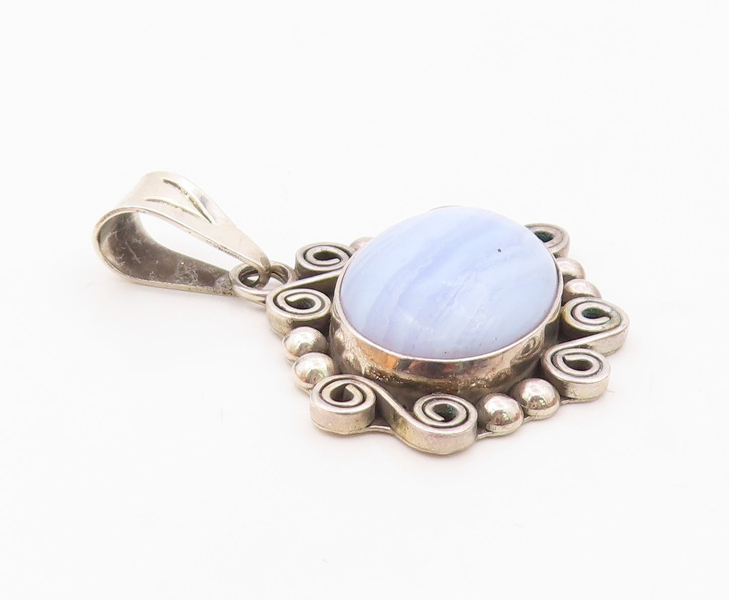 MEXICO 925 Sterling Silver  Vintage Cabochon Blue Agate Swirl Pendant  PT13016