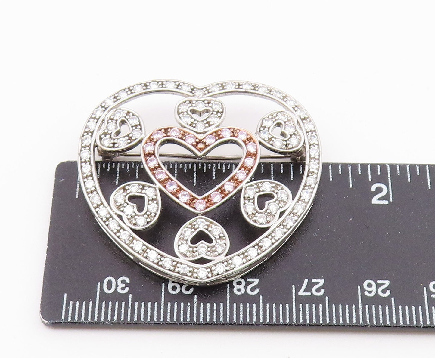 925 Sterling Silver  Pink & White Cubic Zirconia Love Heart Brooch Pin  BP5490