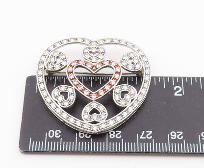 925 Sterling Silver  Pink & White Cubic Zirconia Love Heart Brooch Pin  BP5490