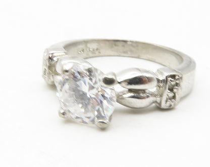 925 Sterling Silver  Vintage Shiny Cubic Zirconia Solitaire Ring Sz 6  RG11716