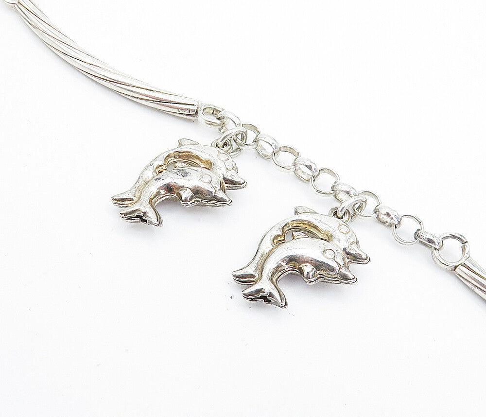 925 Sterling Silver  Polished Dolphin Charmed Bar Link Chain Bracelet  BT3322