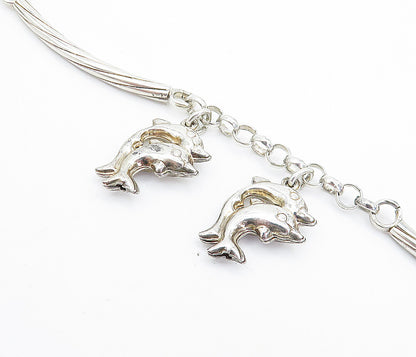 925 Sterling Silver  Polished Dolphin Charmed Bar Link Chain Bracelet  BT3322