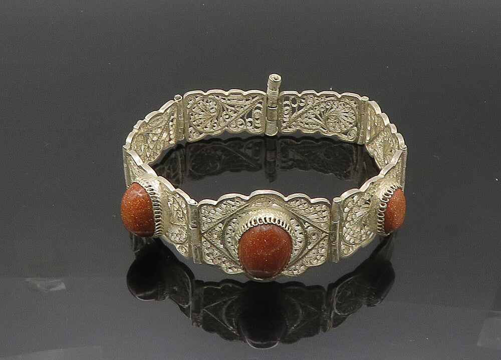 925 Sterling Silver  Vintage Goldstone Filigree Swirl Chain Bracelet  BT8296