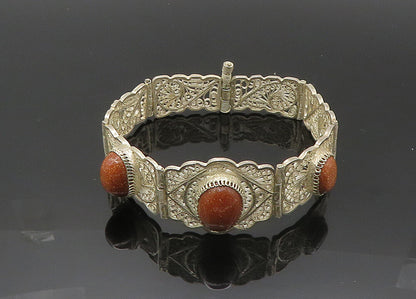 925 Sterling Silver  Vintage Goldstone Filigree Swirl Chain Bracelet  BT8296