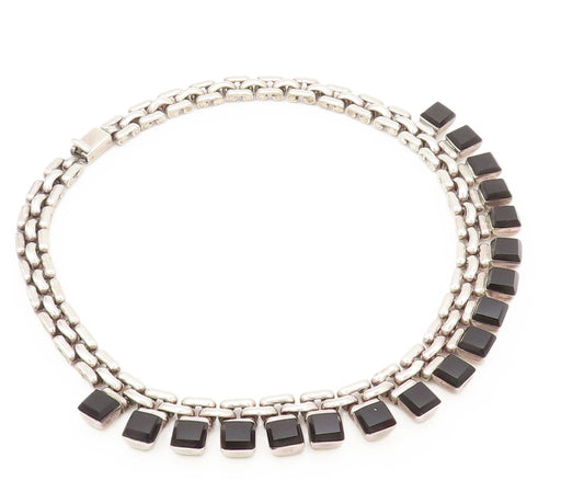 MEXICO 925 Sterling Silver Vintage Necklace Link Chain Onyx Heavy NE4206