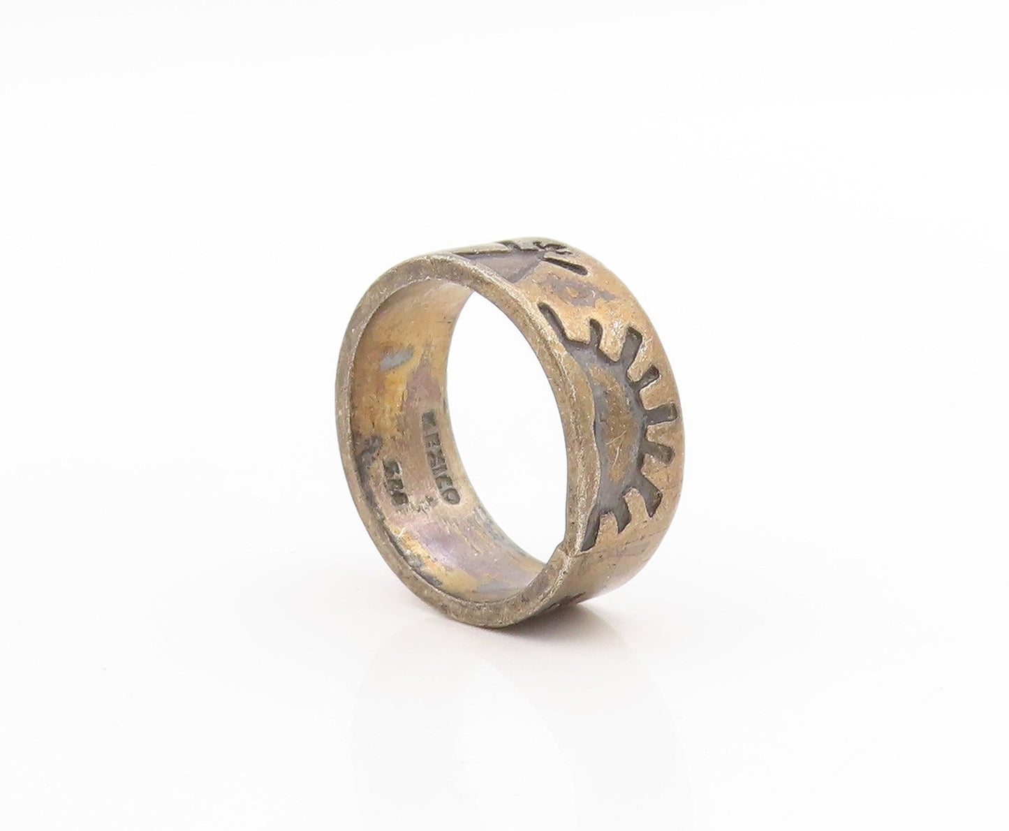 925 Sterling Silver Vintage Ring MEXICO Tribal Sunburst Wide Band Sz 8.5 RG33967