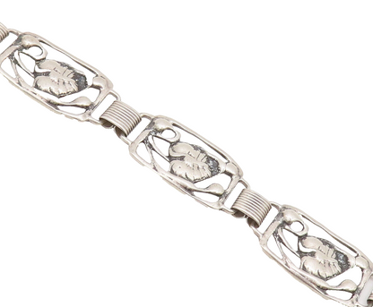 DANECRAFT 925 Silver  Vintage Swirly Carved Framed Leaf Link Bracelet  BT10149