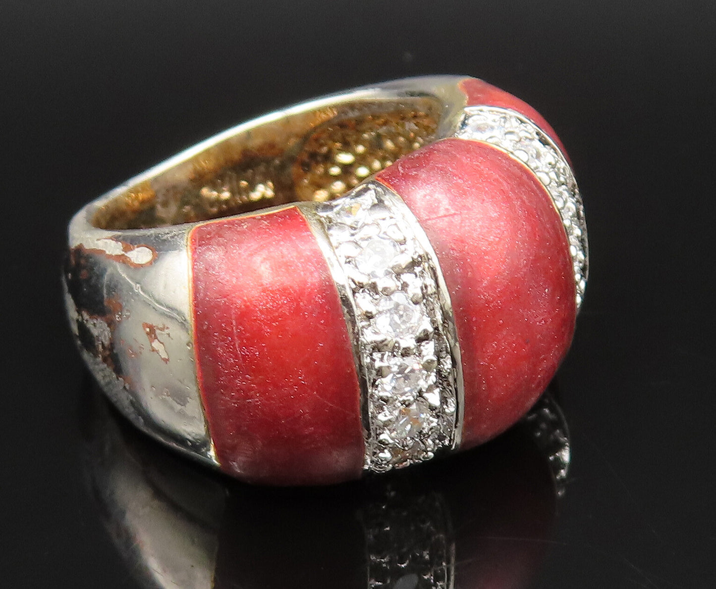 925 Sterling Silver  Vintage Enamel & Cubic Zirconia Dome Ring Sz 5  RG25379
