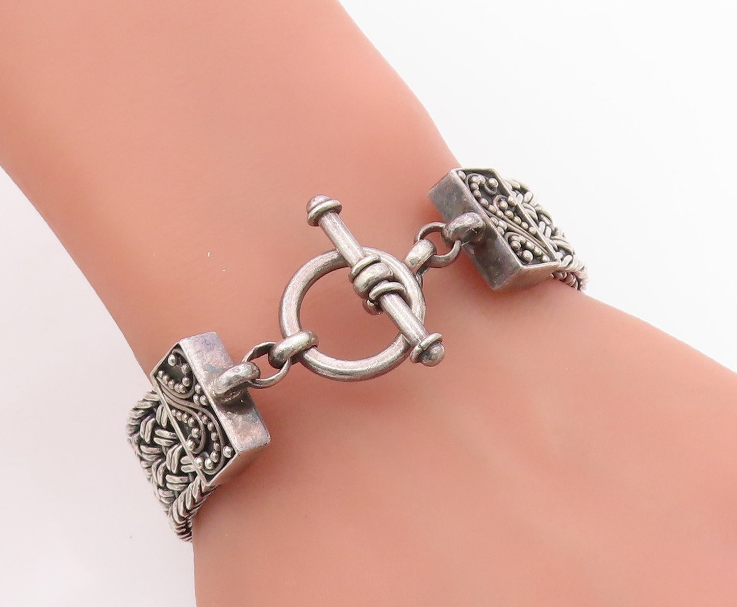 925 Sterling Silver Vintage Bracelet BALI Intricate Basketweave Chain  BT11582