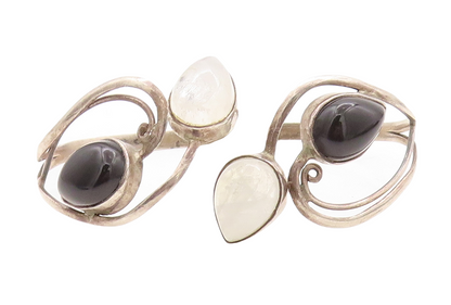 925 Sterling Silver Vintage Bracelet Cabochon Drop Shape Onyx & Glass   BT10893