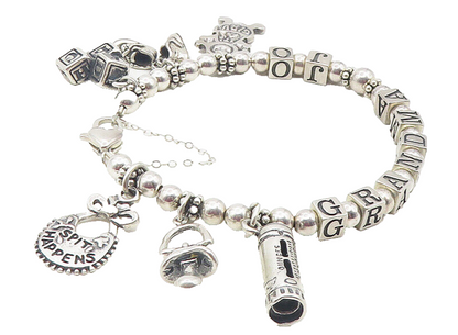 925 Sterling Silver  Vintage Grandma Beaded Name Charm Chain Bracelet  BT4592