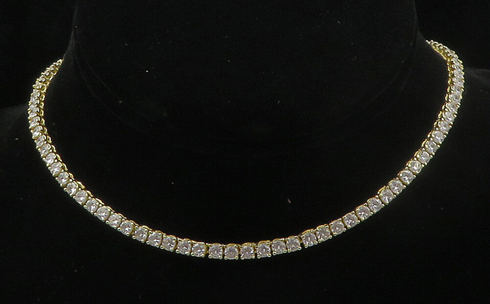 925 Sterling Silver  Shiny Prong Set Topaz Gold Plated Tennis Necklace  NE2521