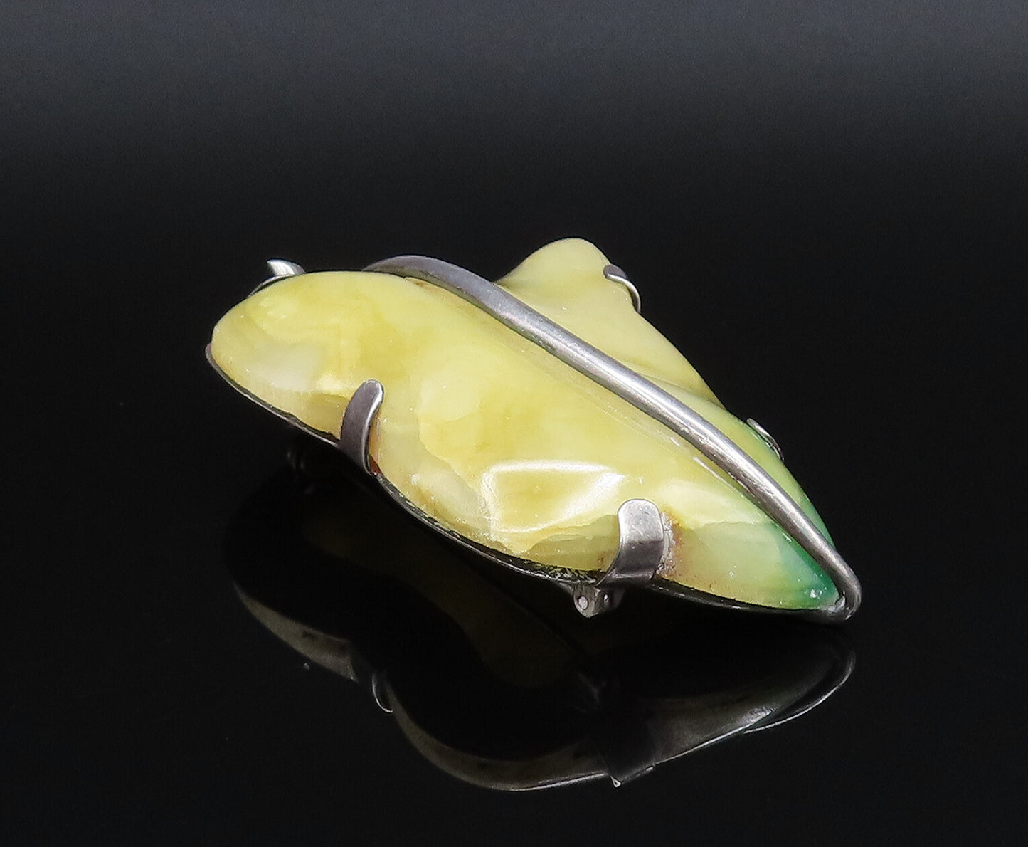 MEXICO 925 Sterling Silver Vintage Unique Yellow Jade Leaf Brooch Pin BP9891