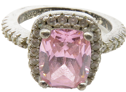 925 Sterling Silver  Vintage Pink Cubic Zirconia Square Band Ring Sz 5 RG13686
