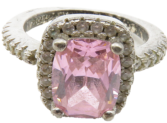 925 Sterling Silver  Vintage Pink Cubic Zirconia Square Band Ring Sz 5 RG13686