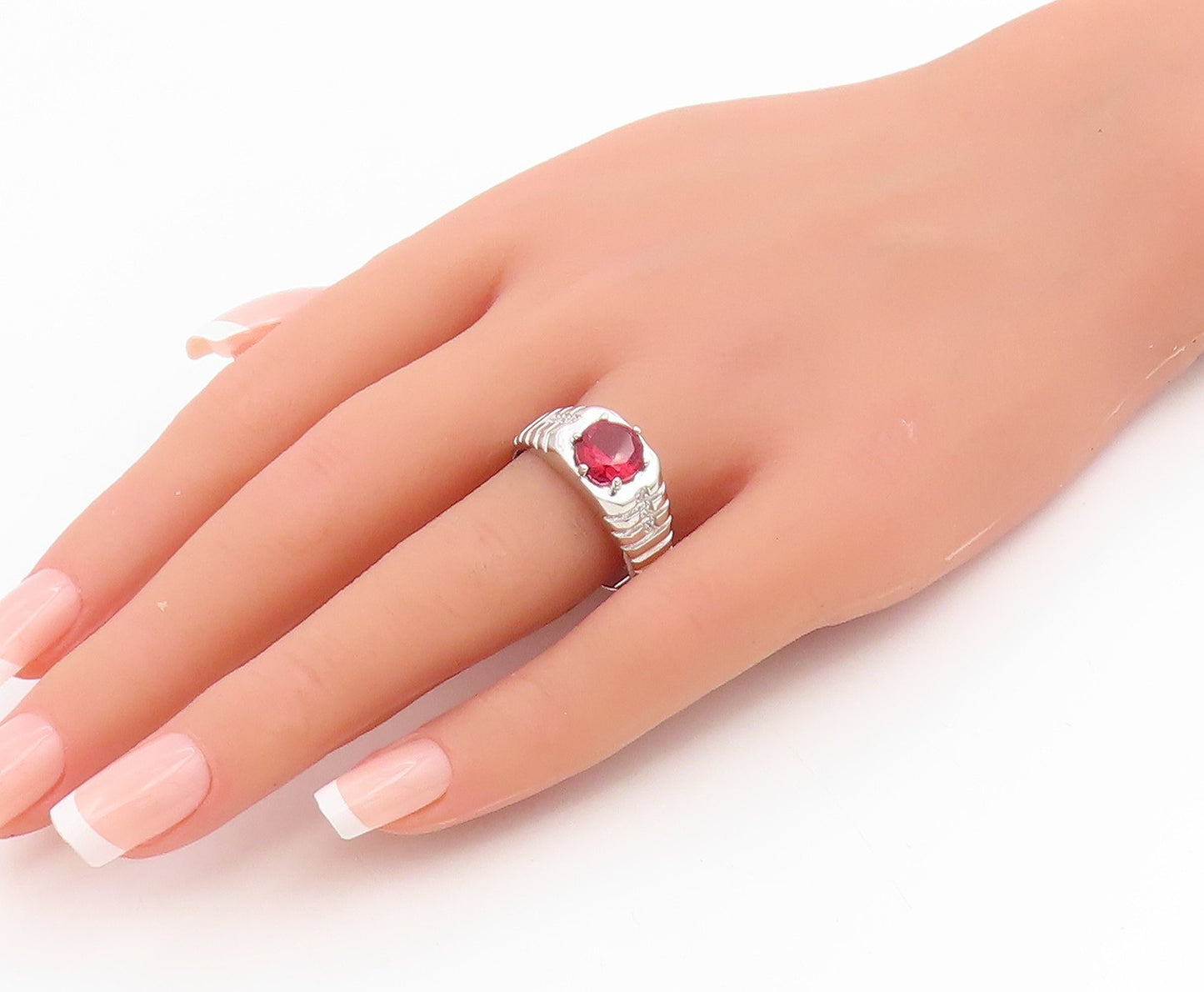 925 Sterling Silver Vintage Ring Ruby & CZ Statement Band  Sz 10.5  RG34892